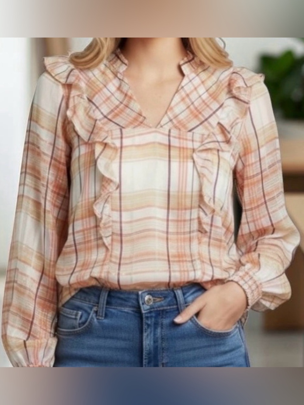 Current Air Anthropologie Sheer Plaid Ruffle Polly Long Sleeve Pink Blouse M
